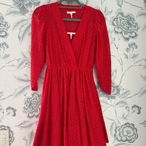 Long sleeve, v neck red eyelet Maje dress, size 1 (US size S)